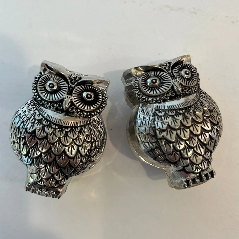 Pier 1 owl figurine salt & pepper shaker set silver tone metal kitchen decor